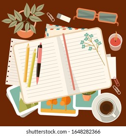 Workplace with a personal diary. Personal planning and organization. Vector flat illustration