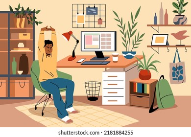 Workplace physical exercises. Guy stretches while sitting at table, wellness warmup, freelancer in room, body relax, fitness and relaxing. Tidy vector cartoon flat style isolated concept