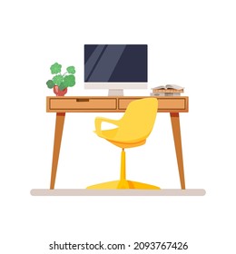 Workplace. A place to work, study, read books. Table, swivel chair, computer, books, houseplant. Vector illustration in a flat style.