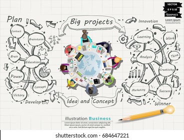 Workplace Plan Businessman and Lady  Brainstorming - for Success modern design Idea and Concept Vector illustration  with Pencil Lamp ,Line,arrow,Text various, icon.
