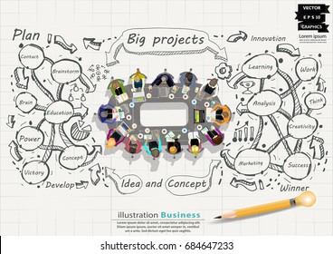 Workplace Plan Businessman and Lady  Brainstorming - for Success modern design Idea and Concept Vector illustration  with Pencil Lamp ,Line,arrow,Text various, icon.