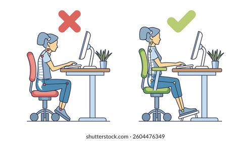Workplace posture diagram shows correct and incorrect sitting positions with chairs and desks. Outline diagram