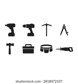 Workplace Power Tools and Essentials 2x4 Icon Grid Vector isolated on white background, black flat glyph symbols with power drill impact driver pickaxe caliper claw hammer toolbox tool belt and reciprocating saw