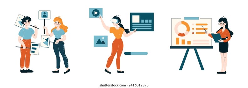 Juego de presentación en el lugar de trabajo. Empleados energéticos que se involucran con multimedia, compartiendo estadísticas, dirigiendo reuniones virtuales. Concepto de comunicación profesional. Ilustración vectorial plana