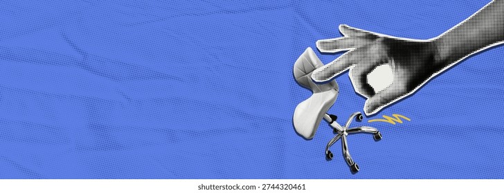 Workplace pressure concept. Collage halftone hand pushing office chair down, job loss and corporate stress. Vector illustration