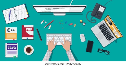 Workplace of programmer or coder. Desktop pc, laptop, books, phone, glasses. Software coding, programming languages, testing, debugging, web site, search engine seo Vector illustration in flat style