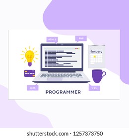Workplace of programmer or coder. Vector illustration, programmer coding a new project using computer, Web Development, website screens, program code, engineering.
