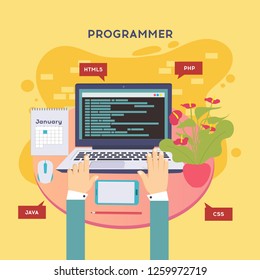 Workplace of programmer or coder. Vector illustration, programmer coding a new project using computer, Web Development, website screens, program code, engineering.