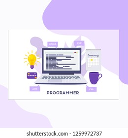 Workplace of programmer or coder. Vector illustration, programmer coding a new project using computer, Web Development, website screens, program code, engineering.