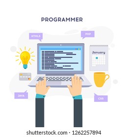 Workplace of programmer or coder. Vector illustration, programmer coding a new project using computer, Web Development, website screens, program code, engineering.