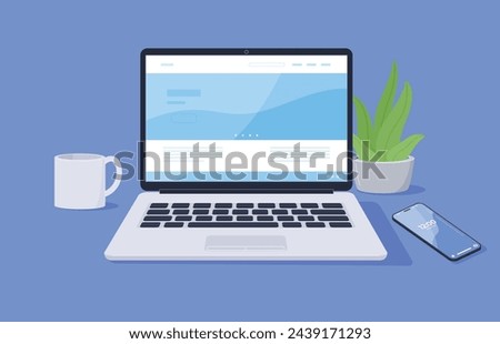 Workplace of a programmer, designer, office worker. The latest technologies, digitization of human life. Vector illustration