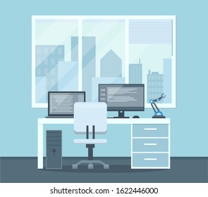 Workplace for programmer or freelancer with a table, chair, laptop, computer, monitor, shelves in the office. Coworking interior in blue colors. Vector stock illustration.