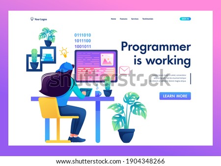 Workplace of a programmer, a girl at a laptop writes program code. Flat 2D landing page.