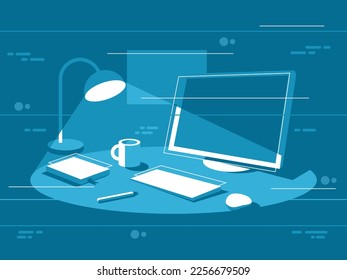 Workplace of a programmer or office worker with a computer, lamp and notebook. Vector illustration