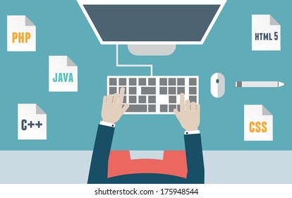 Workplace of programmer and process coding and programming. Workflow and planning. Flat design style - vector illustration