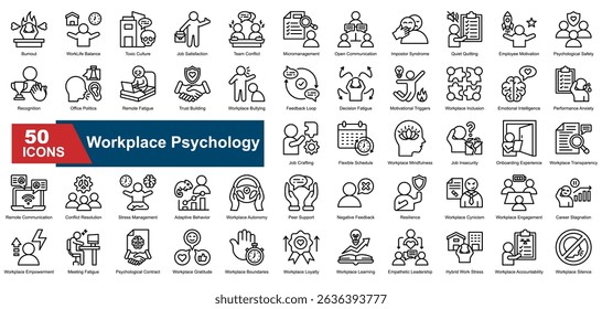 Workplace Psychology icon set. Containing burnout, emotional intelligence, conflict resolution, feedback loop, team conflict, impostor syndrome, quiet quitting, stress, trust, and work-life balance.