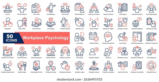 Workplace Psychology icon set. Containing burnout, emotional intelligence, conflict resolution, feedback loop, team conflict, impostor syndrome, quiet quitting, stress, trust, and work-life balance.
