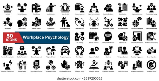 Workplace Psychology icon set. Containing burnout, emotional intelligence, conflict resolution, feedback loop, team conflict, impostor syndrome, quiet quitting, stress, trust, and work-life balance.