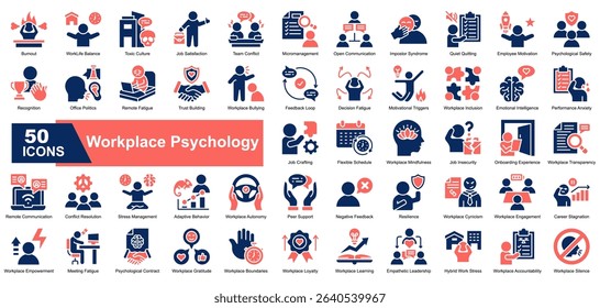 Workplace Psychology icon set. Containing burnout, emotional intelligence, conflict resolution, feedback loop, team conflict, impostor syndrome, quiet quitting, stress, trust, and work-life balance.