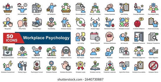 Workplace Psychology icon set. Containing burnout, emotional intelligence, conflict resolution, feedback loop, team conflict, impostor syndrome, quiet quitting, stress, trust, and work-life balance.