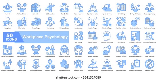 Workplace Psychology icon set. Containing burnout, emotional intelligence, conflict resolution, feedback loop, team conflict, impostor syndrome, quiet quitting, stress, trust, and work-life balance.