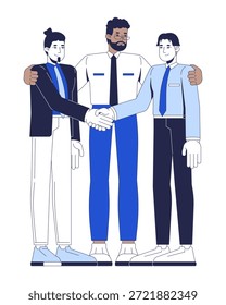 Workplace reconciliation 2D vector illustration. Corporate mediation. Diverse employees handshake. Conflict resolution business people flat characters isolated on white. Colorful cartoon image