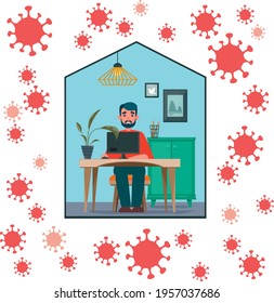 Workplace. Red Coronavirus, self-isolation at home. Vector flat illustration. Concept, freelancer, clipart icon. The man is sitting at the table. Building is protected from the Covid virus. 2019-ncov
