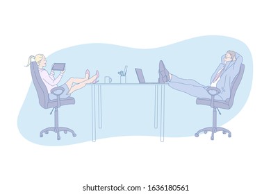 Workplace, relax, gadget, office, weekday, concept. Young positive office coworkers resting in workplace with gadget. Job relaxing break time of businesspeople. Weekday recess simple flat vector.