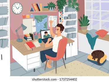 Workplace, remote work, freelancer for video communication. Thumb up, job approval, business ideas. Room in the apartment, pet cat. Vector drawing