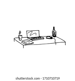 Workplace for remote work. Workplace at home. On the table is a computer mouse, a laptop, a bottle of wine, and a report. sheets, a glass of hot coffee, tea. Vector illustration 