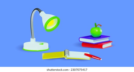 workplace render with notebook, lamp, books, apple. vector 3d illustration