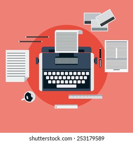 Workplace with retro typewriter. Flat design style vector illustration.