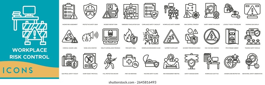 Workplace Risk Control icon set. Hazard Risk Assessment, Protective Safety Gear, Incident Report Form, Emergency Evacuation Plan, Compliance Safety Checklist and Workplace Safety Barrier
