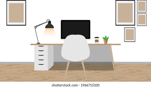 Workplace room design, Office studio for home workspace computer. No People House Flat vector illustration in flat cartoon style.Illustration EPS 10 