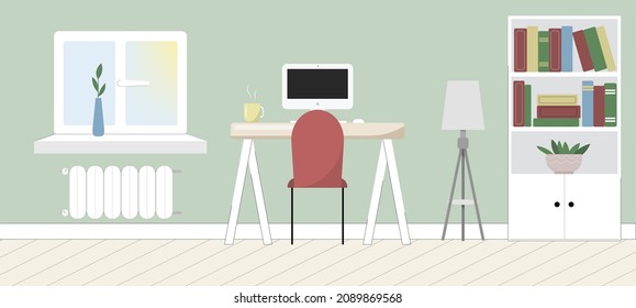Workplace room at home, modern Interior, cabinet. Office with computer. Colorful vector illustration in flat cartoon style.