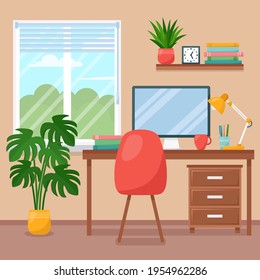Workplace room, interior of work cabinet at home, vector illustration