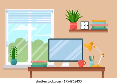 Workplace room, interior of work cabinet at home, vector illustration