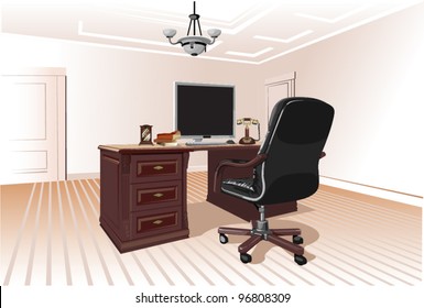 Workplace in a room with a leather chair and a computer