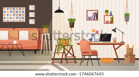 Workplace room, modern bright interior, cabinet. Working from home. Remote work. Interior empty no people. Office with computer in living room. Colorful vector in flat cartoon style. Modern workspace