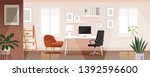 Workplace room, modern Interior, cabinet. Office with computer. Colorful vector illustration in flat cartoon style.