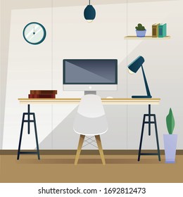 Workplace room, modern Interior, cabinet. Office with computer. Colorful vector illustration in flat cartoon style.