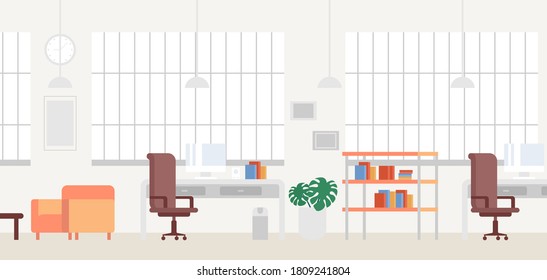 Sala de trabajo, interior moderno, armario. Office con equipo. Ilustración vectorial colorida en estilo de dibujos animados planos