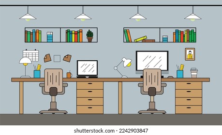 Workplace room, modern Interior, cabinet. Office with computer. Colorful vector illustration in flat cartoon style.
