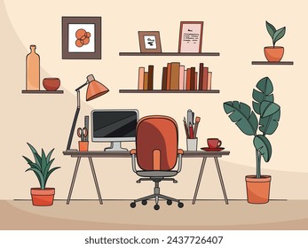 Workplace room, modern Interior, cabinet. Office with computer. Colorful vector illustration in cartoon style.