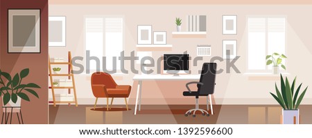 Workplace room, modern Interior, cabinet. Office with computer. Colorful vector illustration in flat cartoon style.