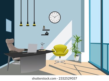 Workplace room, modern office Interior, cabinet. Furnishing work space with computer laptop, manager, desk, armchair, big window with day light . Colorful vector realistic illustration