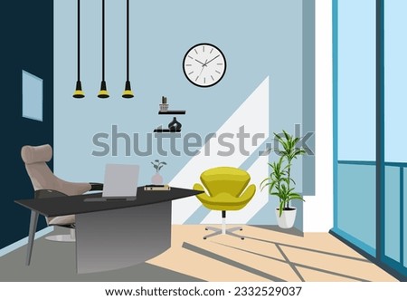 Workplace room, modern office Interior, cabinet. Furnishing work space with computer laptop, manager, desk, armchair, big window with day light . Colorful vector realistic illustration
