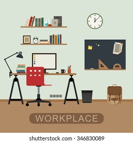 Workplace in room. Modern vector interior with furniture. Vector banner of workspace in flat style.