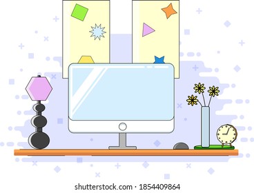 Workplace room. Office with computer. Colorful vector illustration in flat cartoon style.