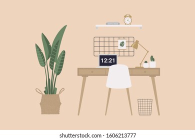 Workplace room, studio, modern Interior. Home office with computer. Colorful vector illustration in flat cartoon style.